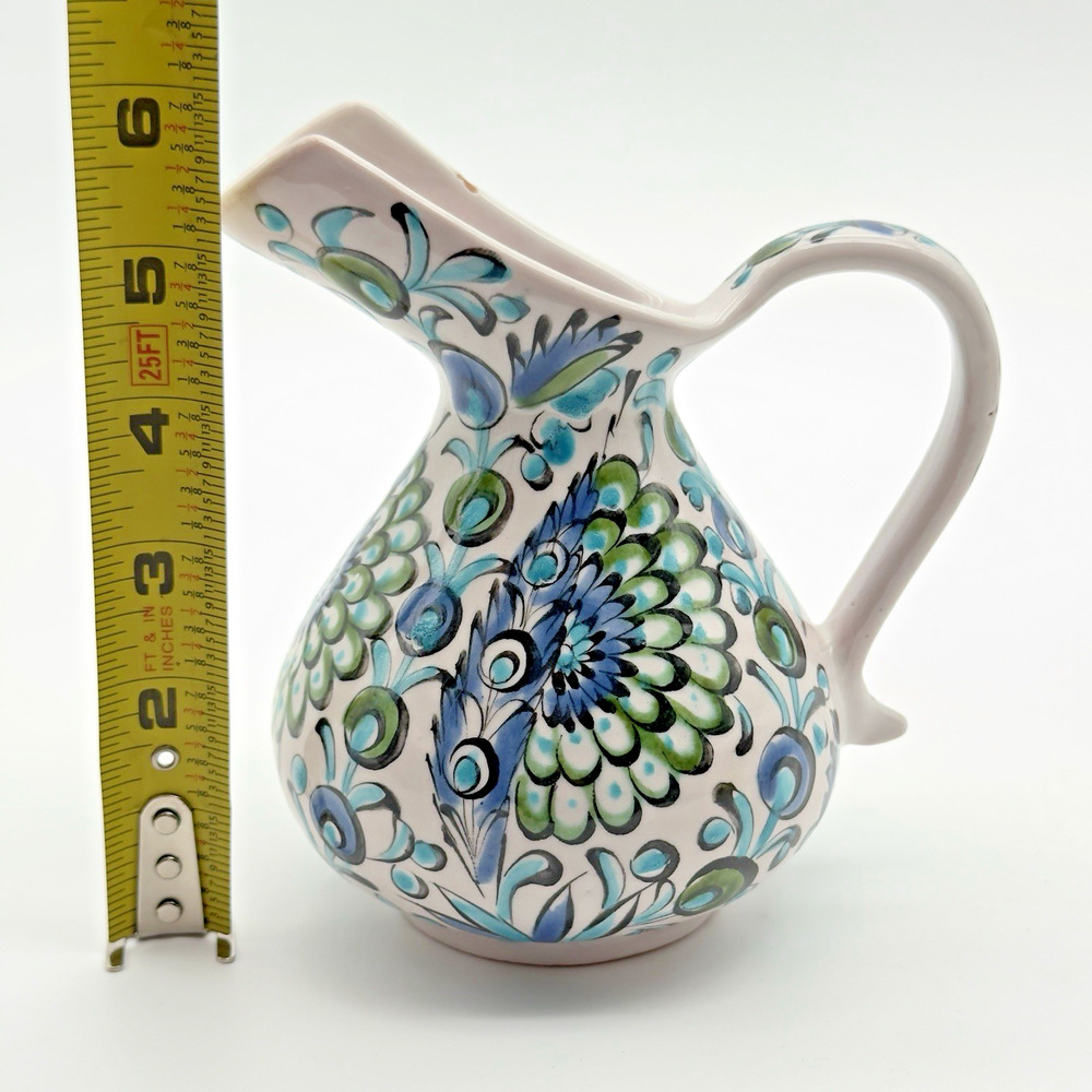 Vintage Ikaros Pottery Hand Painted Pitcher Rhodes Greece White Blue Green - Picture 10 of 10